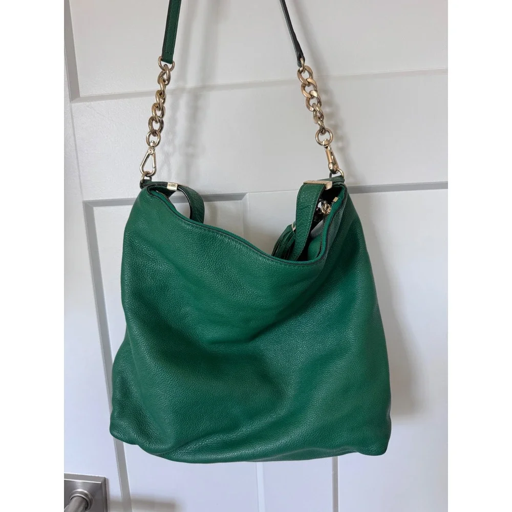Michael Kors Green Pebbled Leather Hobo Bag Gold Chain Tassel Shoulder Bag